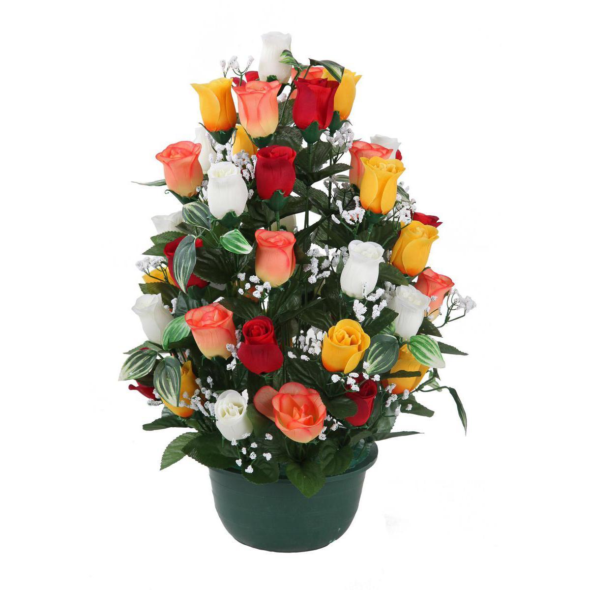 Composition de boutons de roses en pot lesté - Plastique et  polyester - Diam. 19 x 54 cm - Rose et orange