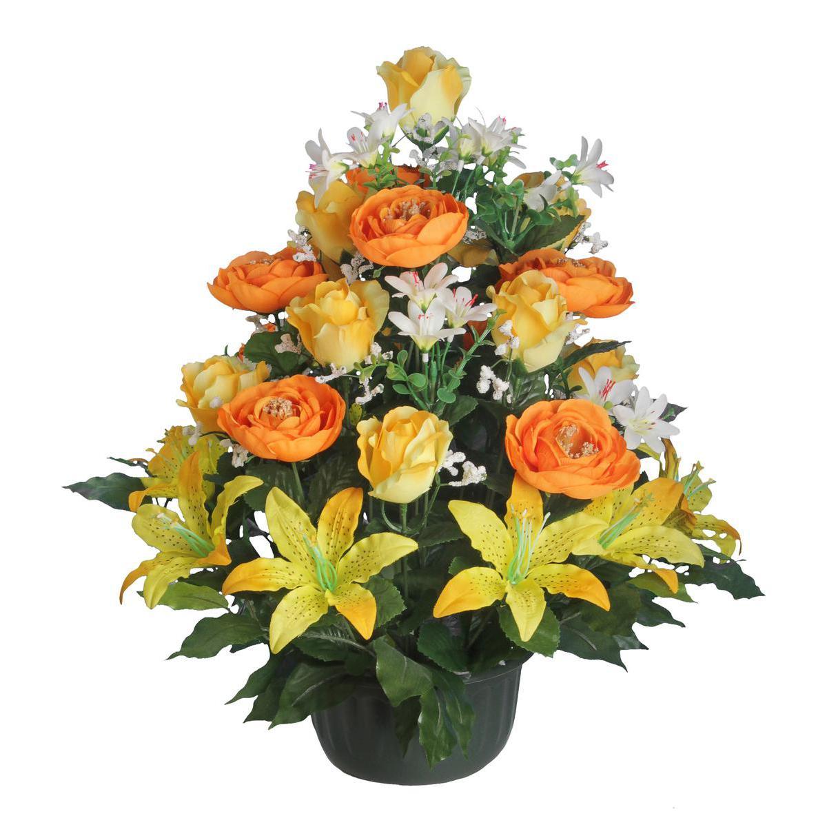 Composition de boutons de roses, renoncules et lys en pot lesté - Plastique et  polyester - Diam. 19 x 51 cm - Rose et orange