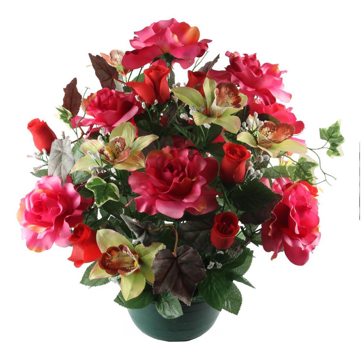 Composition de roses, boutons de roses et cymbidiums en pot lesté - Plastique et  polyester - Diam. 19 x 55 cm - Rose et rouge