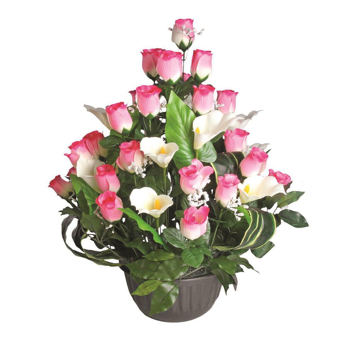 Composition d'arums, boutons de roses et gypsophile en pot lesté - Plastique et  polyester - Diam. 24 x 62 cm - Rose et rouge