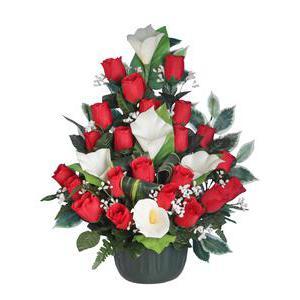 Composition d'arums, roses et gypsophile en pot lesté - Plastique et  polyester - Diam. 19 x 52 cm - Rose et rouge