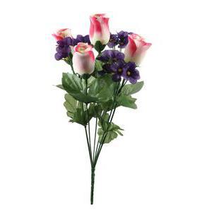 Bouquet de boutons de roses et violettes - Plastique et polyester - Hauteur 37 cm - Rose et rouge