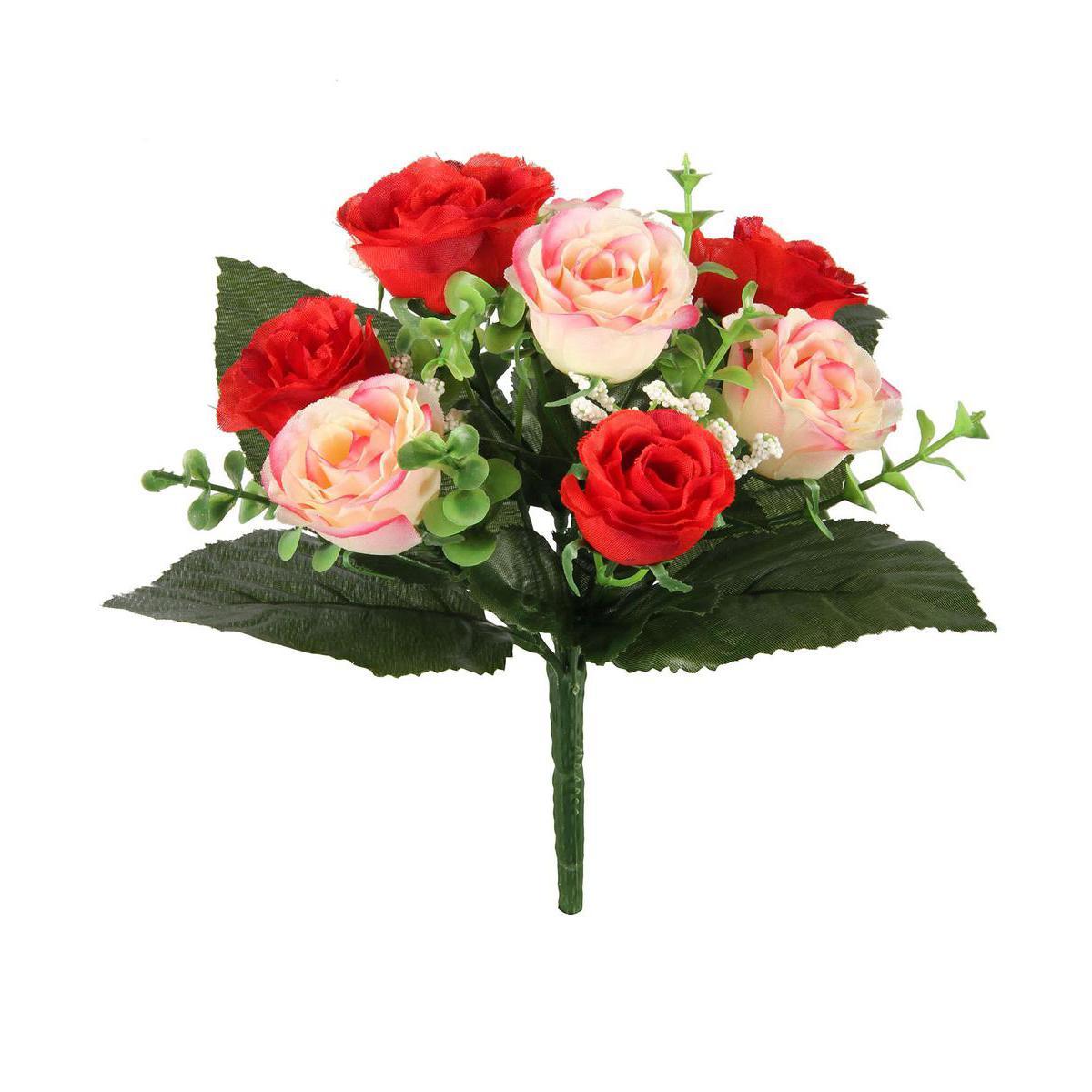 Bouquet de 8 boutons de roses et gypso - Plastique et polyester - Hauteur 32 cm - Rouge, blanc et rose