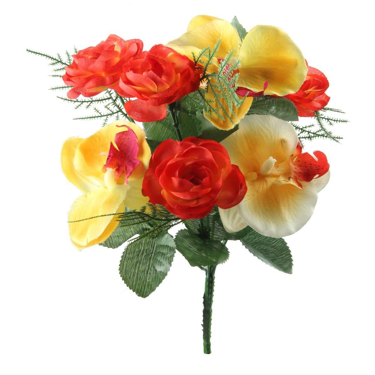 Bouquet de renoncules et orchidées - Plastique et polyester - Hauteur 34 cm - Orange et rose