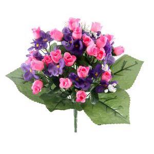 Bouquet de mini boutons de roses et violettes - Plastique et polyester - Hauteur 32 cm - Orange, rouge et rose