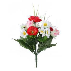 Bouquet de coquelicots, roses et marguerites - Plastique et polyester - Hauteur 32 cm - Rouge et orange