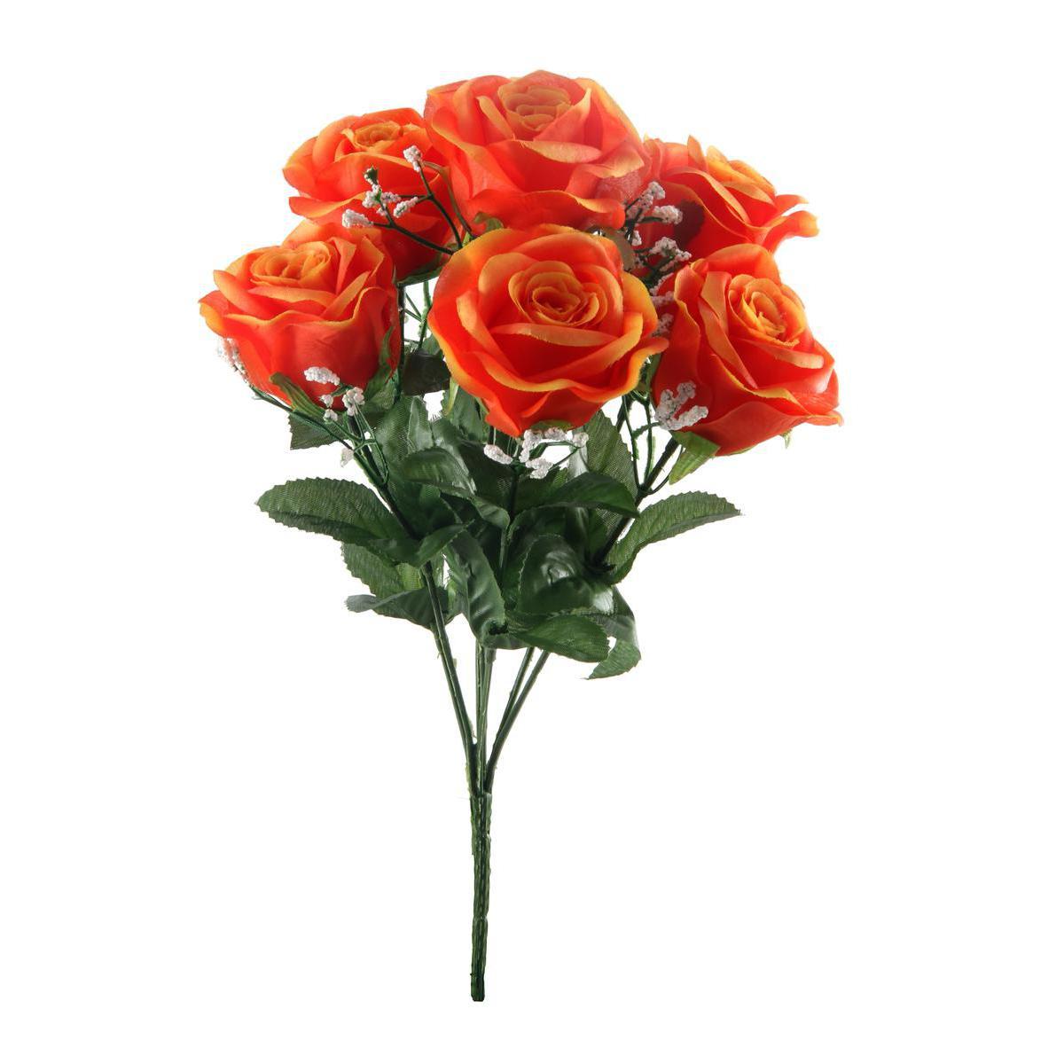 Bouquet de 7 roses et gypso - Plastique et polyester - Hauteur 40 cm - Orange et jaune