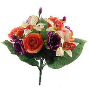 Bouquet de roses, orchidées et anémones - Plastique et polyester - Hauteur 33 cm - Violet, orange et beige