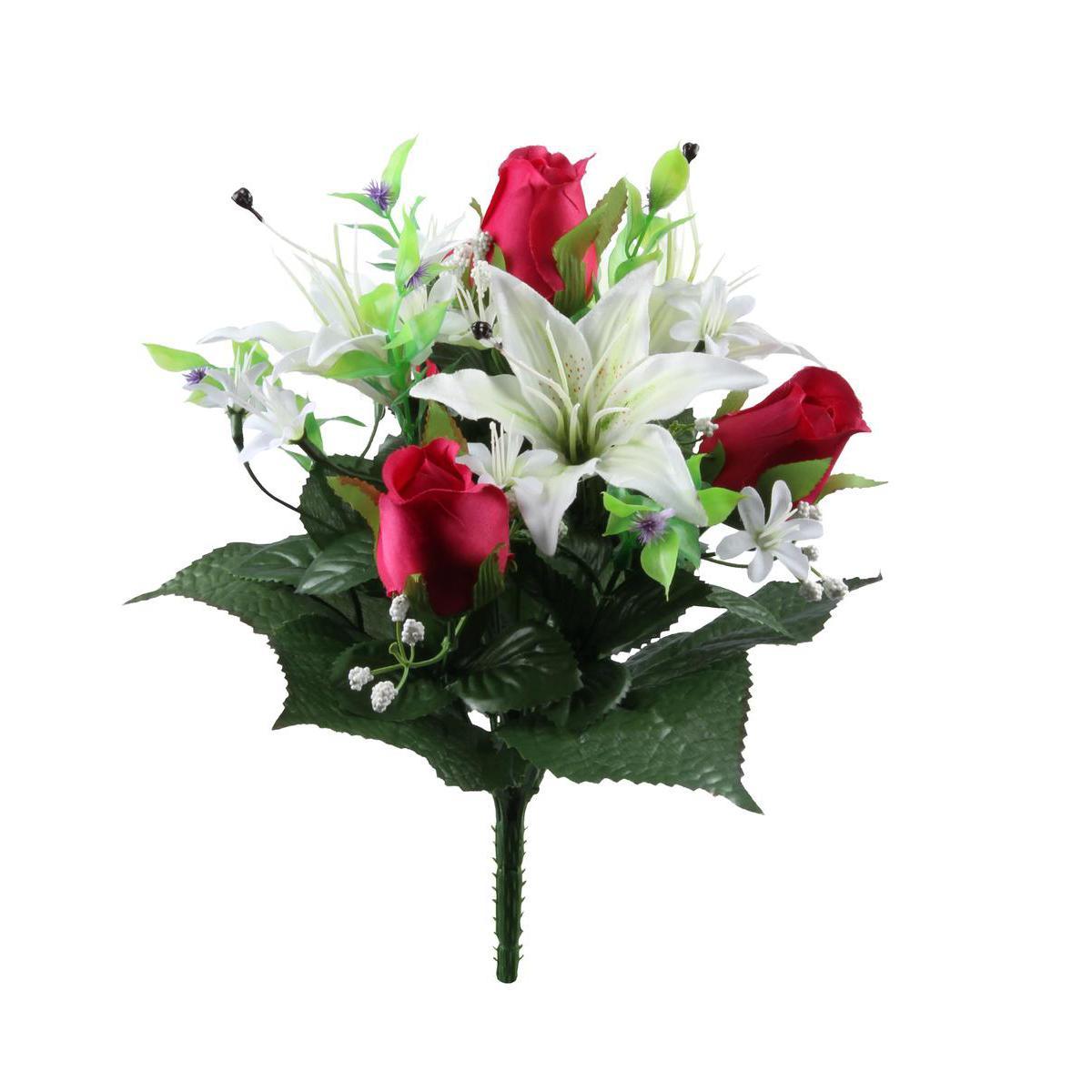 Bouquet de lys et boutons de roses - Plastique et polyester - Hauteur 35 cm - Rose et violet
