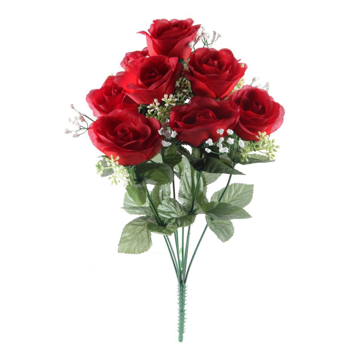 Bouquet de 9 boutons de roses - Plastique et polyester - Hauteur 42 cm - Rose, jaune, orange, rouge, blanc et vert