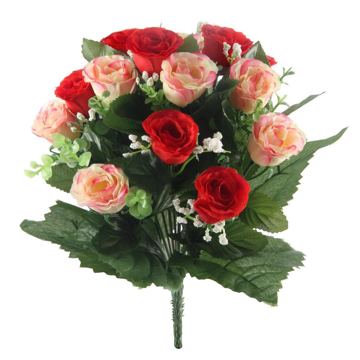 Bouquet de 13 roses et gypso - Plastique et polyester - Hauteur 32 cm - Rouge, rose et blanc