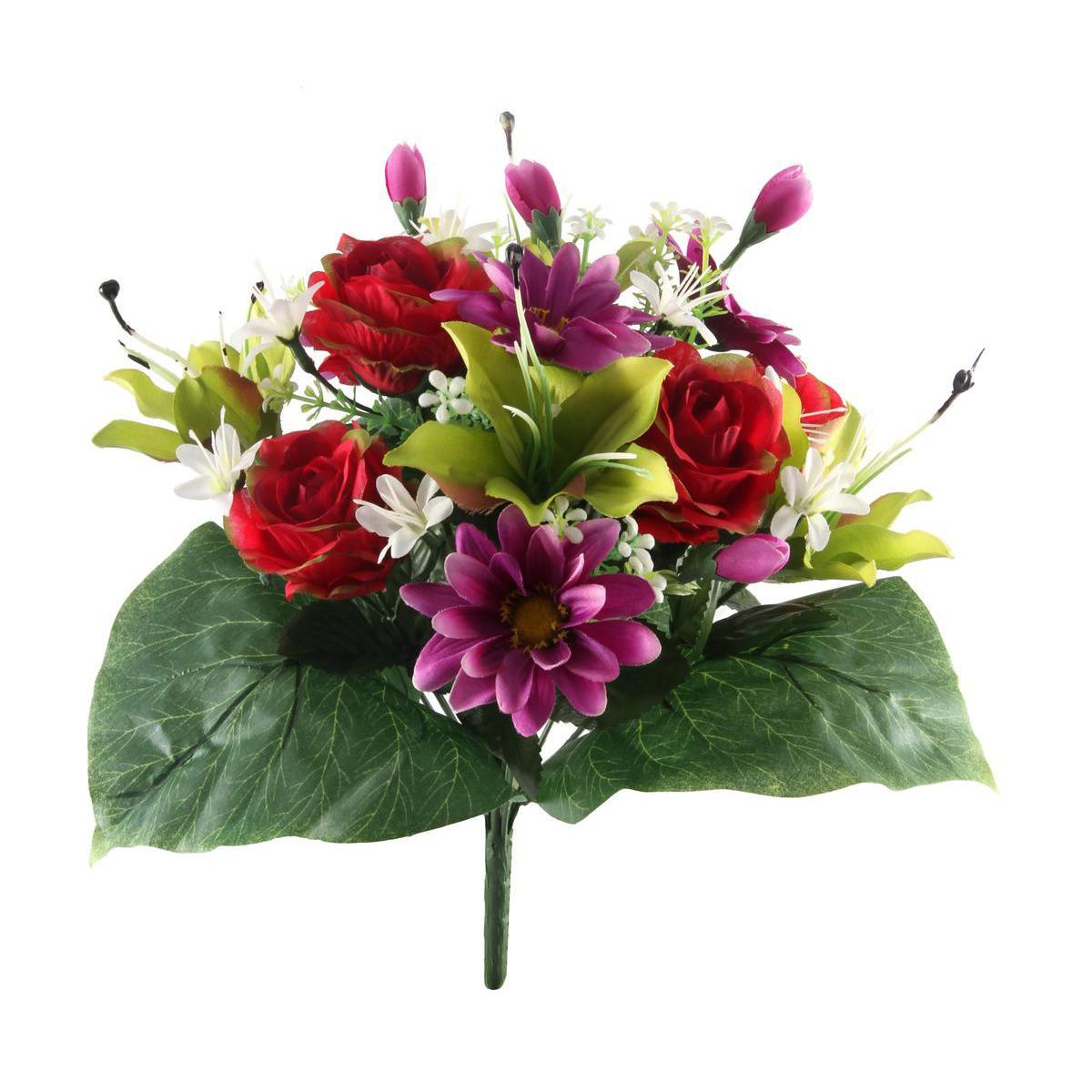 Bouquet de roses, gerberas et lys - Plastique et polyester - Hauteur 36 cm - Rouge, violet, jaune et orange