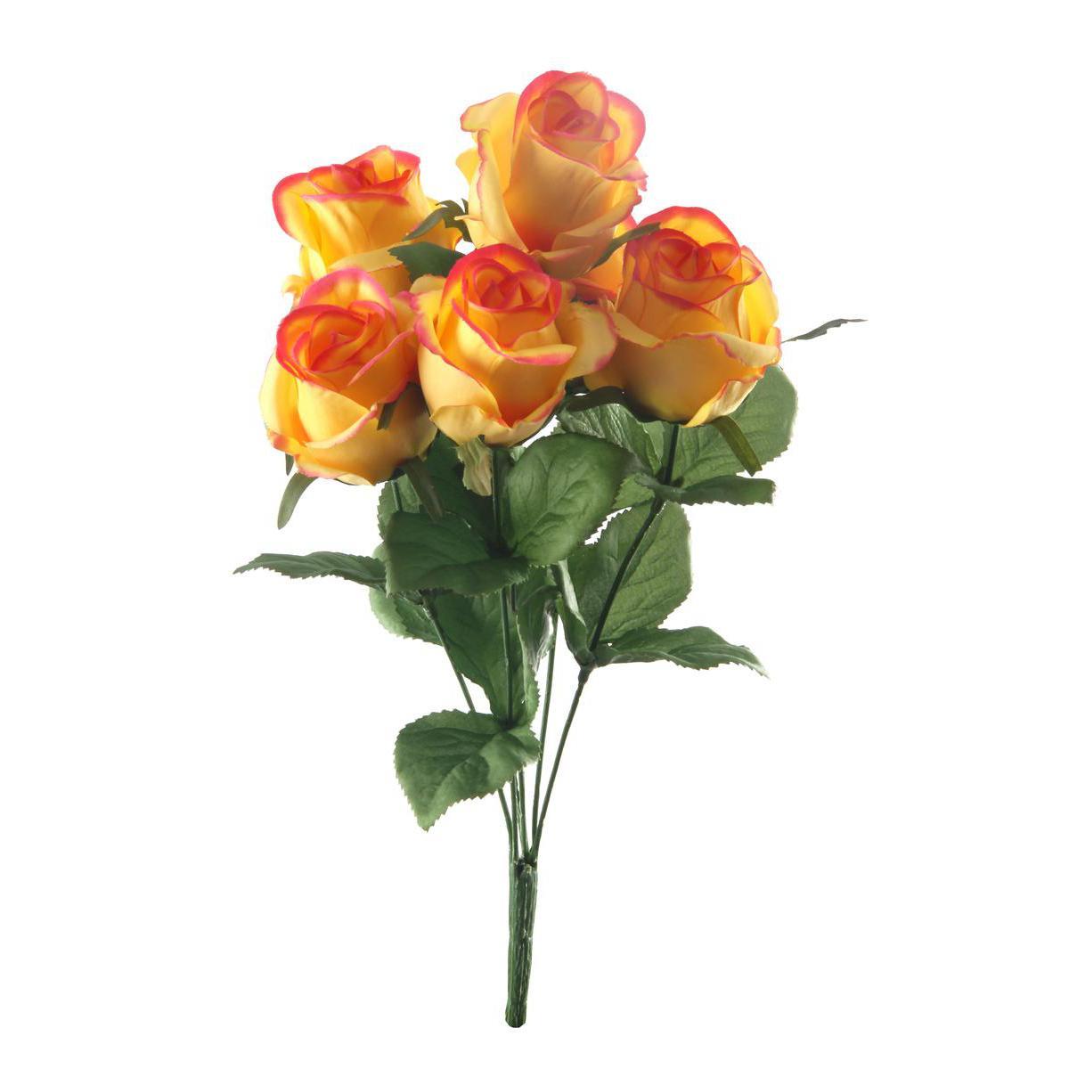 Bouquet de 6 boutons de roses - Plastique et polyester - Hauteur 42 cm - Rose, orange et vert