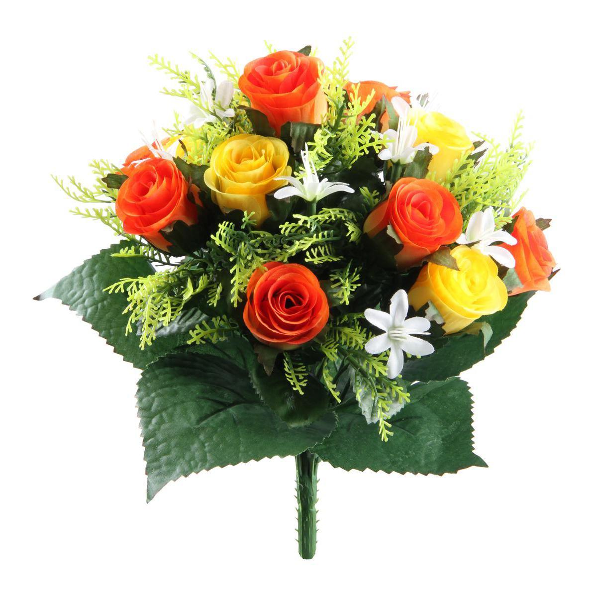 Bouquet de 13 boutons de roses - Plastique et polyester - Hauteur 34 cm - Rose et orange