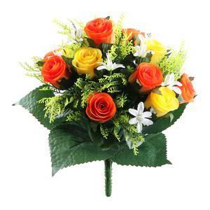 Bouquet de 13 boutons de roses - Plastique et polyester - Hauteur 34 cm - Rose et orange