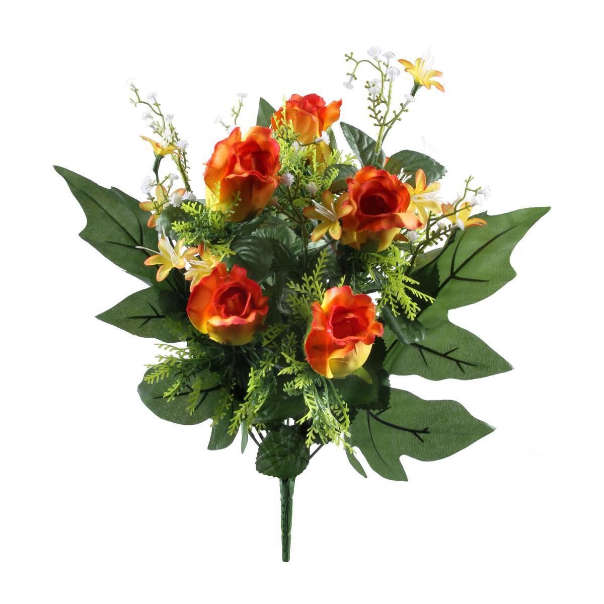 Bouquet de 12 boutons de roses - Plastique et polyester - Hauteur 42 cm - Rose, orange et beige