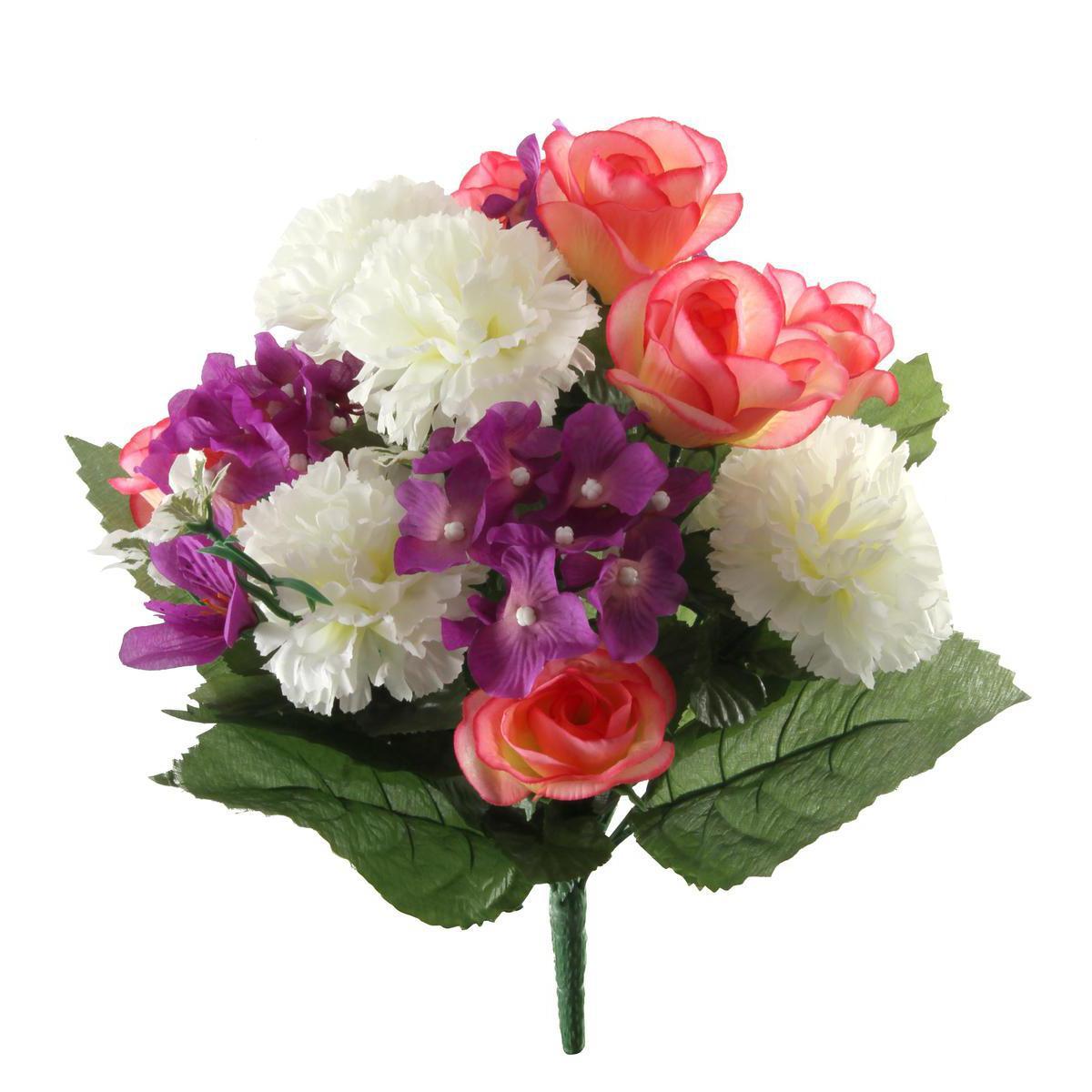 Bouquet d'œillets et hortensias - Plastique et polyester - Hauteur 41 cm - Rose, orange et blanc