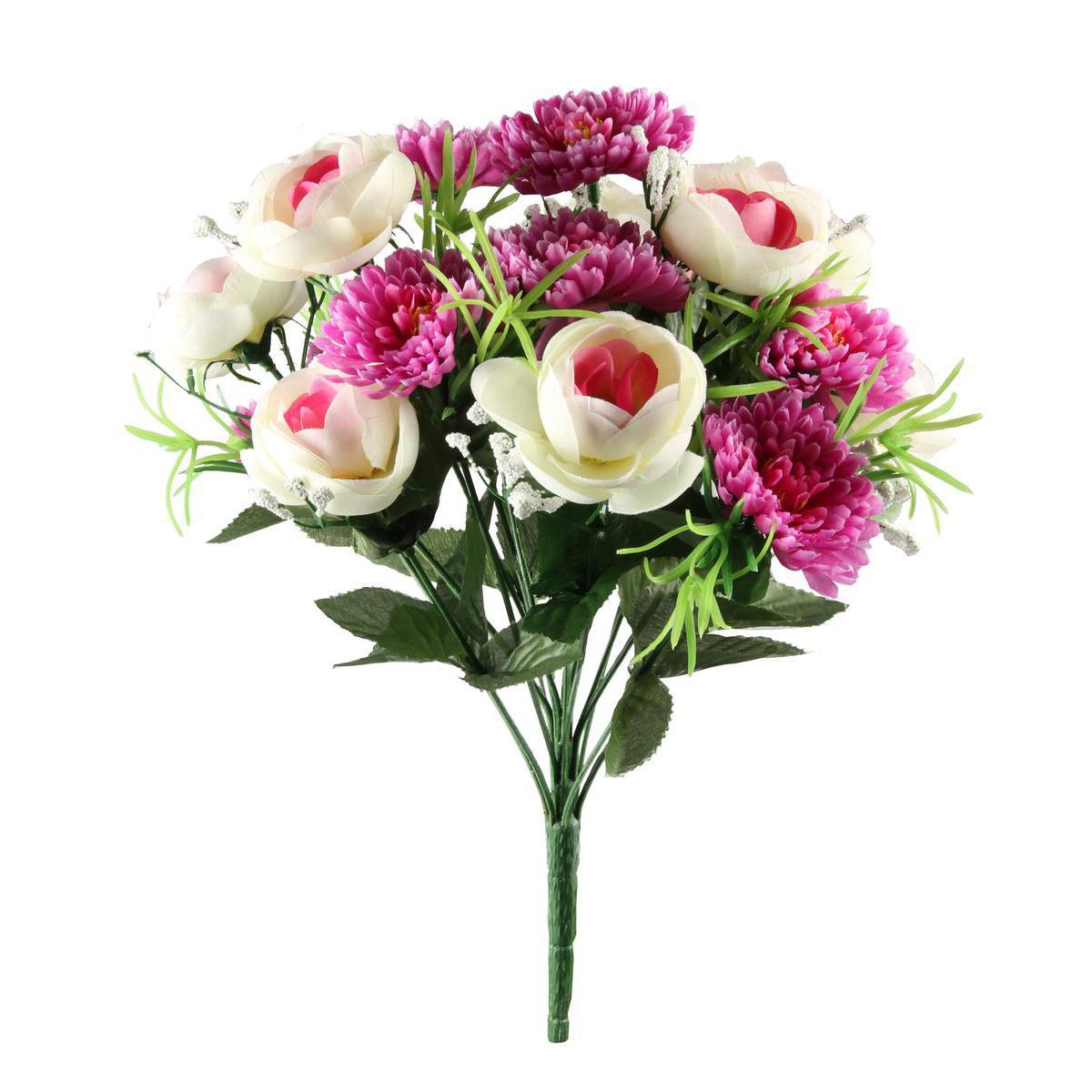 Bouquet de renoncules et chrysanthèmes - Plastique et polyester - Hauteur 36 cm - Orange et violet