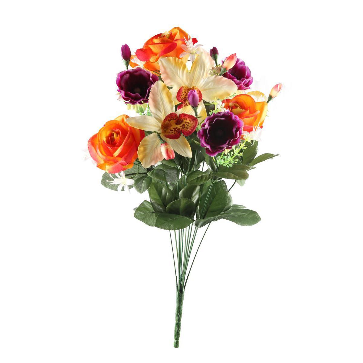 Bouquet de roses, orchidées et anémones - Plastique et polyester - Hauteur 53 cm - Orange, violet, beige