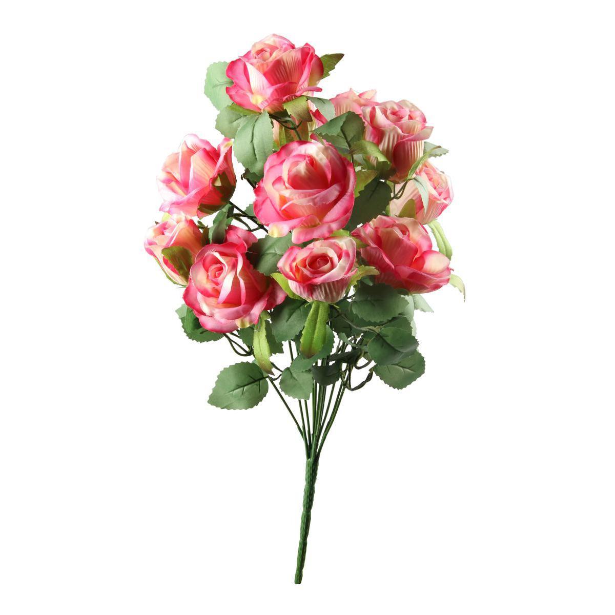 Bouquet de 12 roses et boutons - Plastique et polyester - Hauteur 50 cm - Rouge, rose et blanc