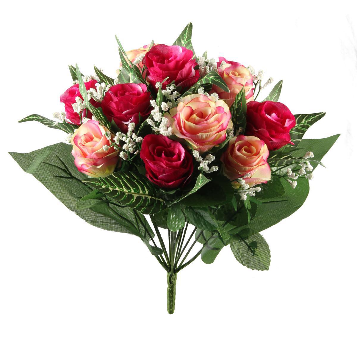 Bouquet de 12 roses et gypso - Plastique et polyester - Hauteur 36 cm - Rose, rouge et jaune