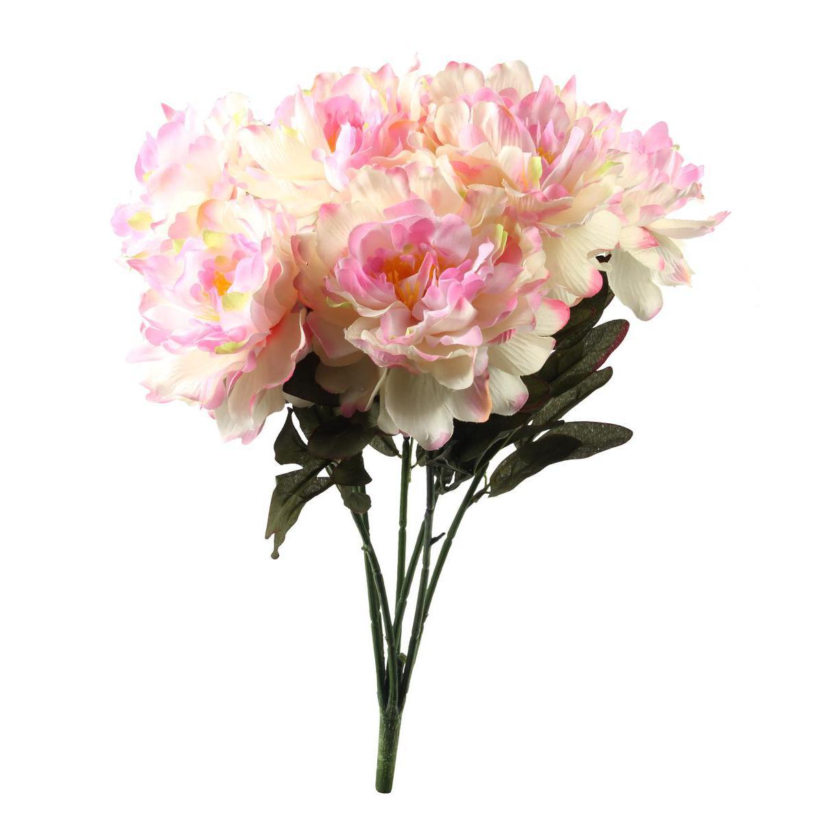 Bouquet de 7 pivoines ouvertes - Plastique et polyester - Hauteur 56 cm - Beige et rose