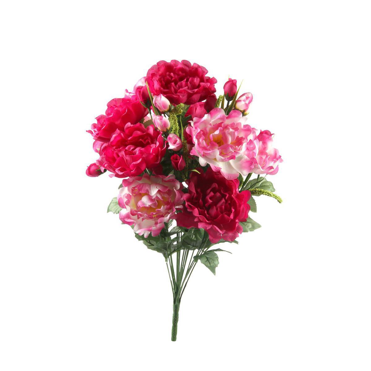 Bouquet de 18 pivoines - Plastique et polyester - Hauteur 56 cm - Rose et jaune