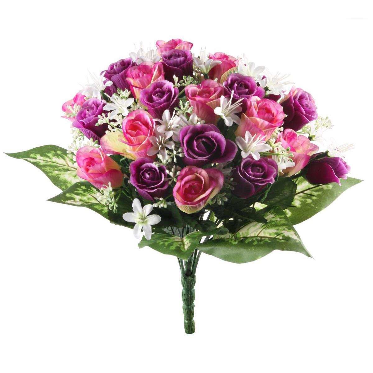 Bouquet de 24 boutons de roses et gypso - Plastique et polyester - Hauteur 37 cm - Violet et rose