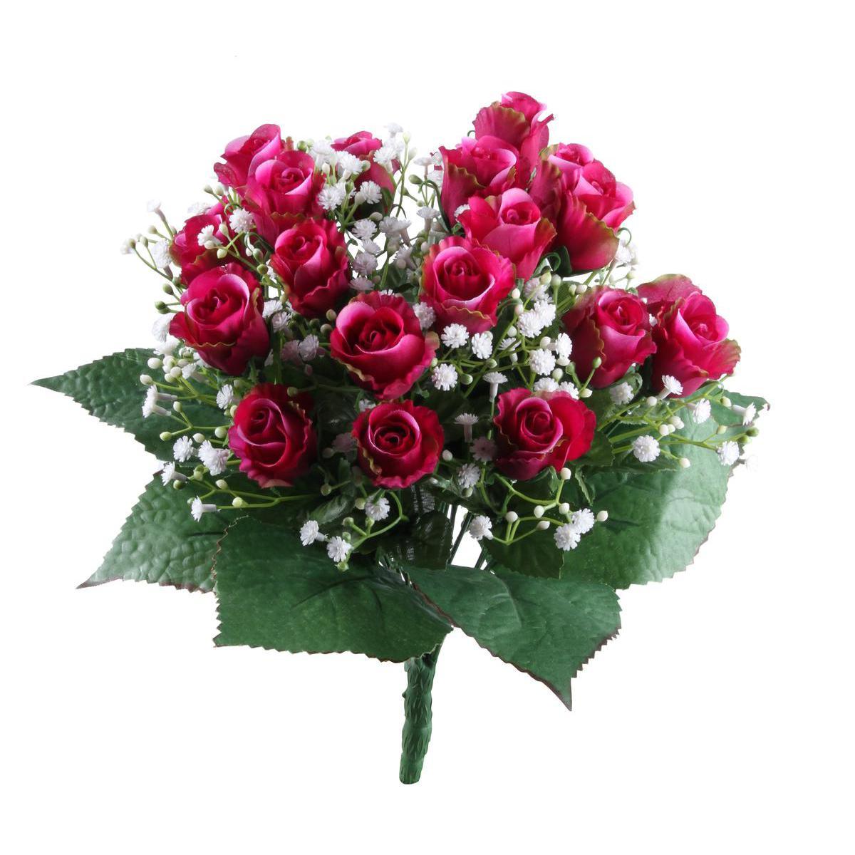 Bouquet de 24 boutons de roses et gypso - Plastique et polyester - Hauteur 36 cm - Blanc, violet et jaune