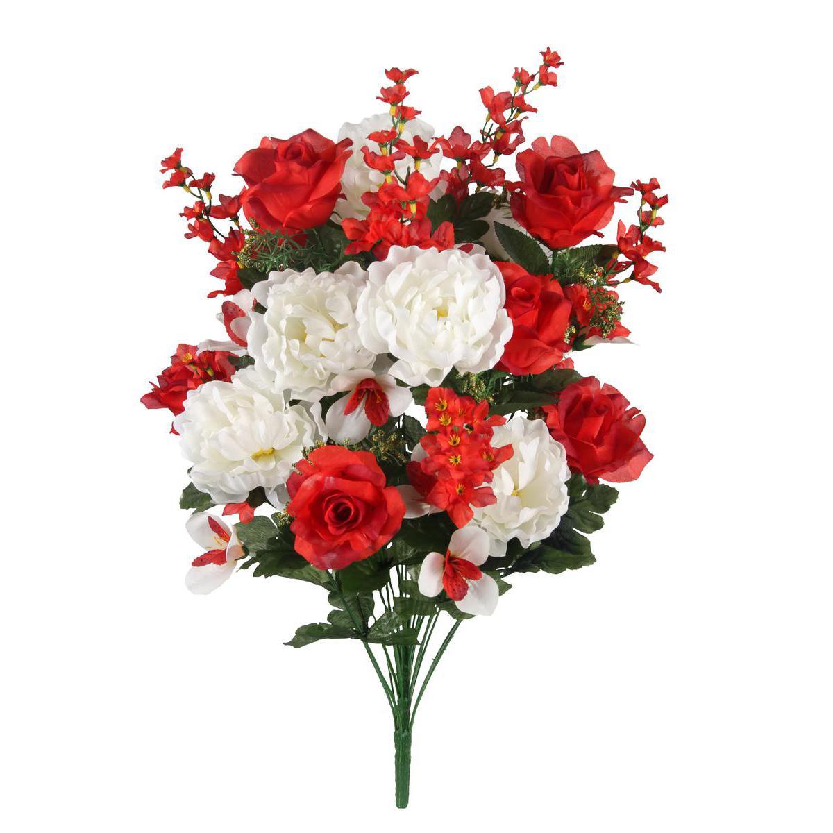 Bouquet de roses, pivoines et delphinium - Plastique et polyester - Hauteur 63 cm - Violet et rouge