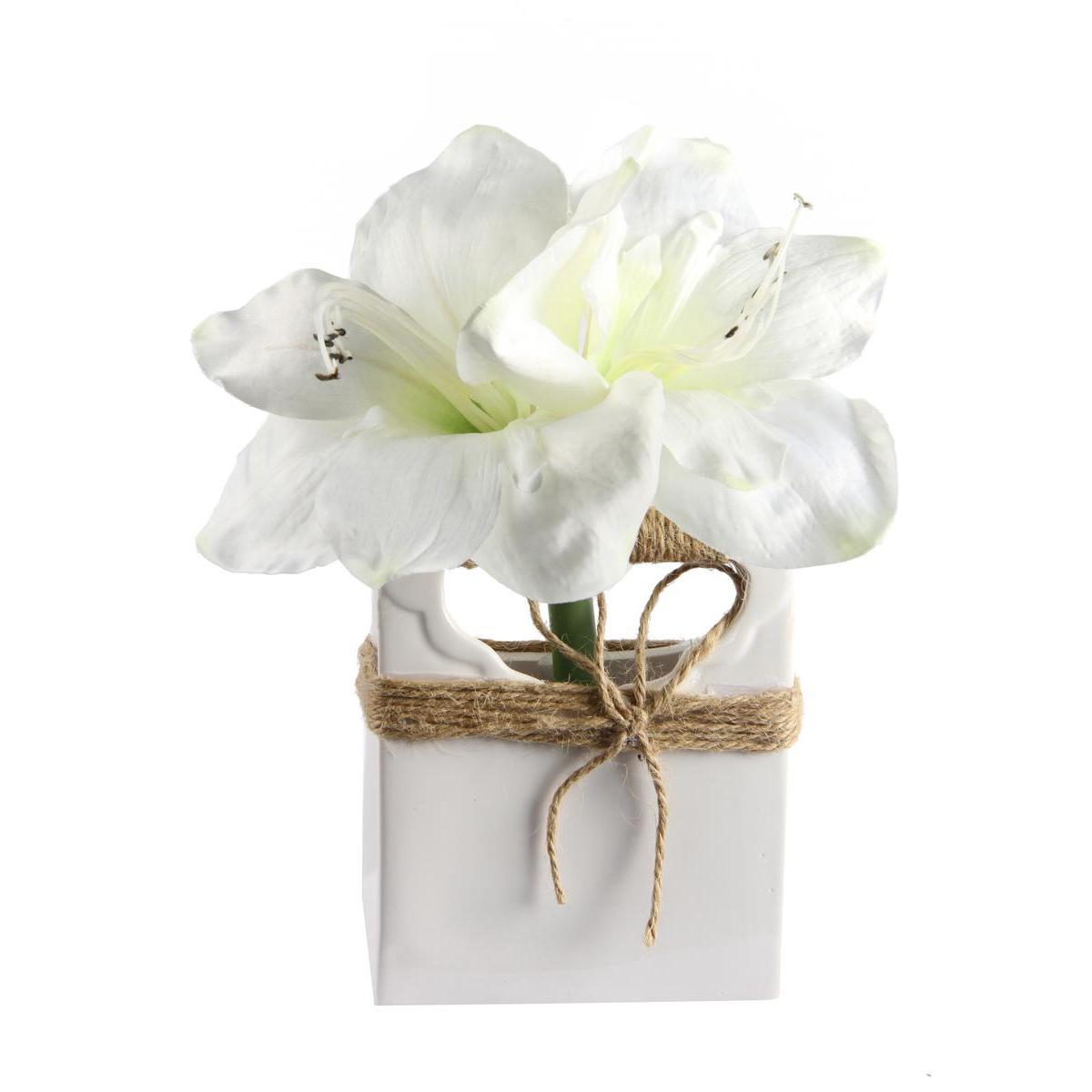 Amaryllis en vase - Céramique, plastique et polyester - 20 x 17 x 25,5 cm - Blanc