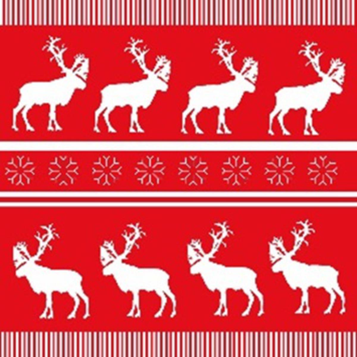 Lot de 20 serviettes imprimées caribou - Papier - 33 x 33 cm - Blanc et rouge