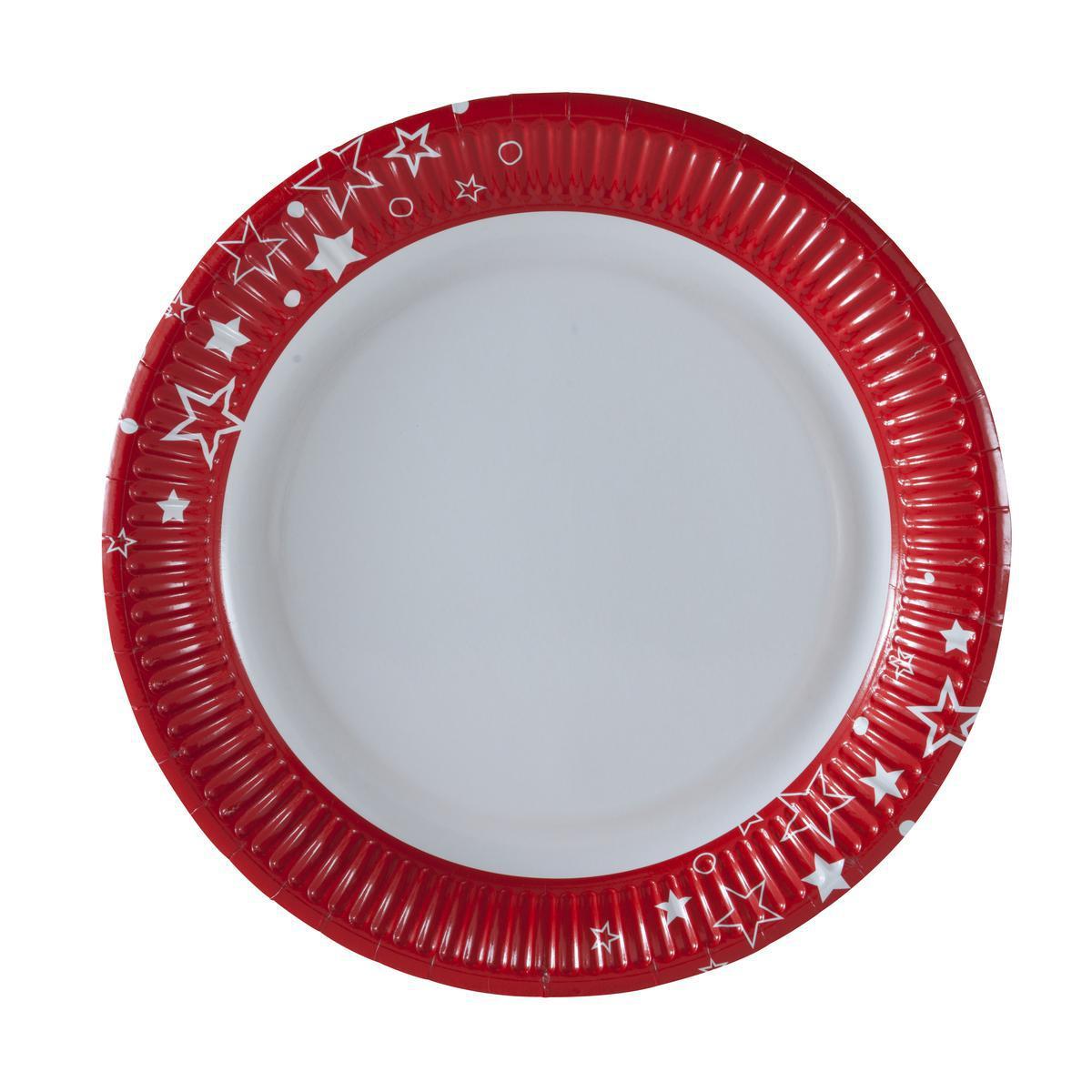 Lot de 10 assiettes rondes - Carton - Diamètre 23 cm - Rouge et blanc
