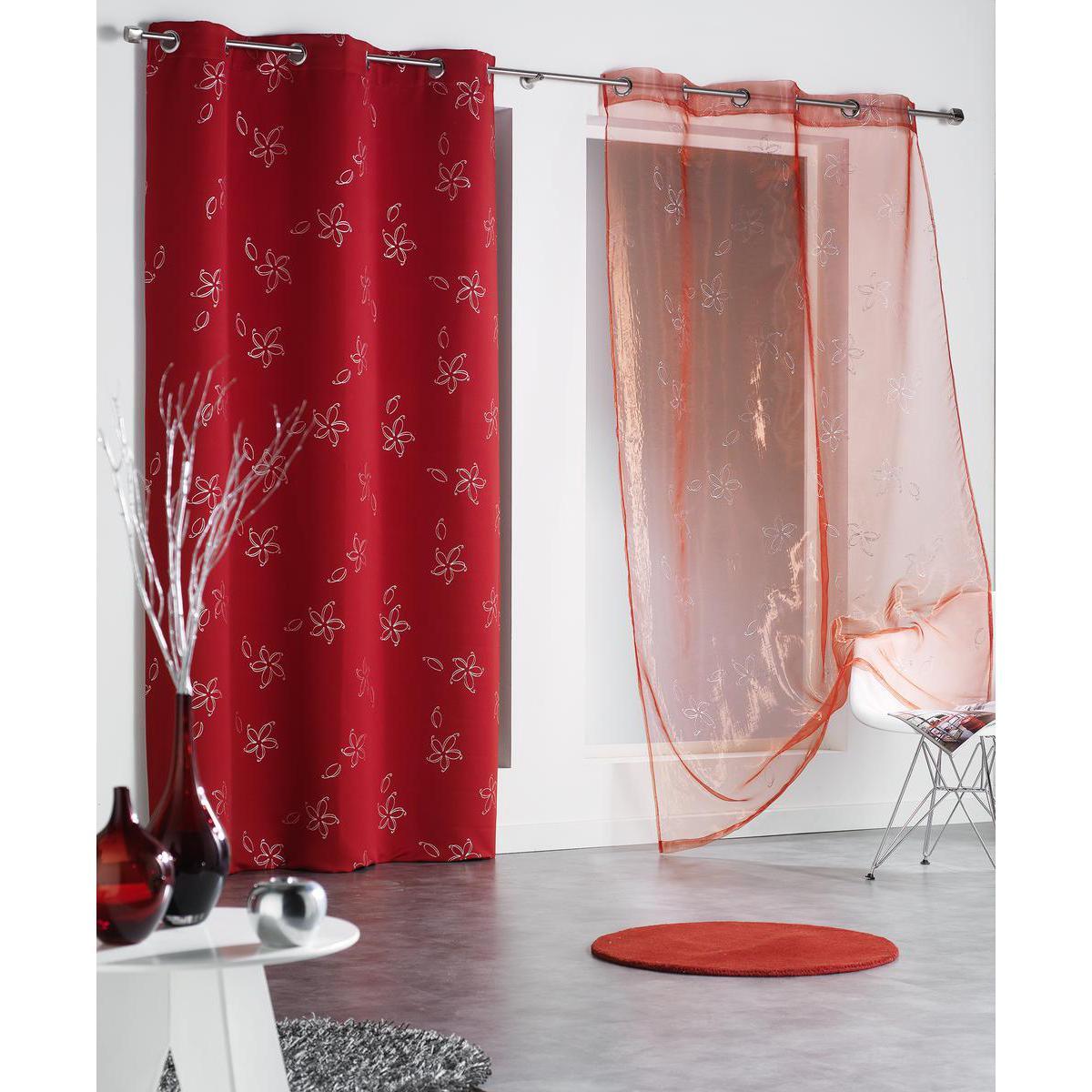 Paire de voilages imprimés à œillets - 100% polyester - 140 x 240 cm - Rouge cerise