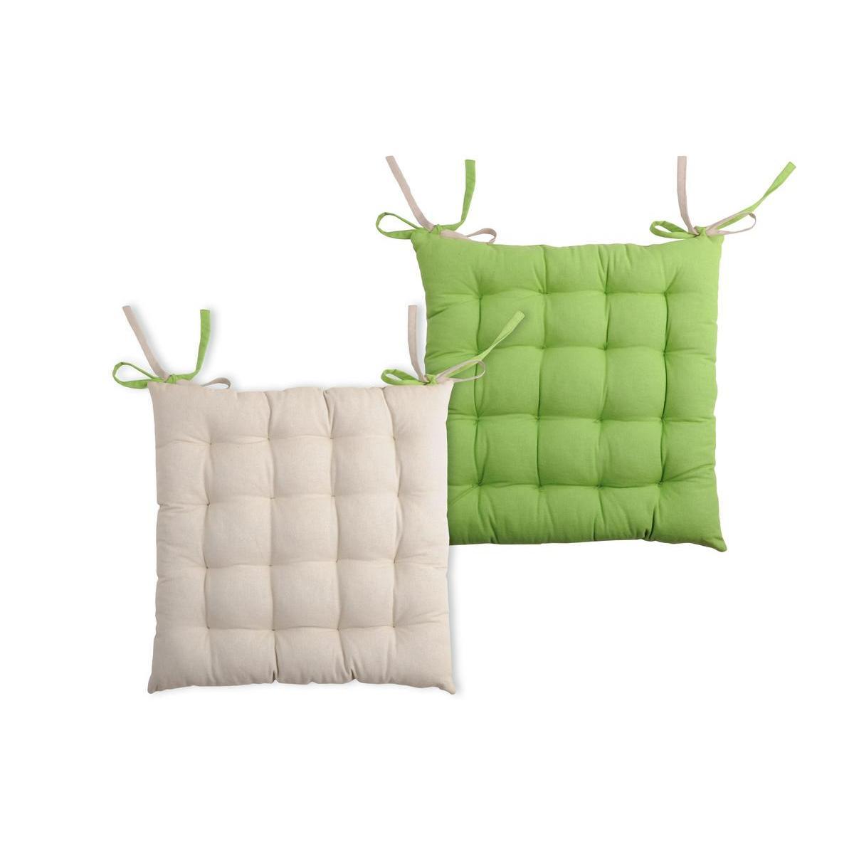 2 galettes de chaise 16 points - 100 % coton - 40 x 40 cm - Beige et vert