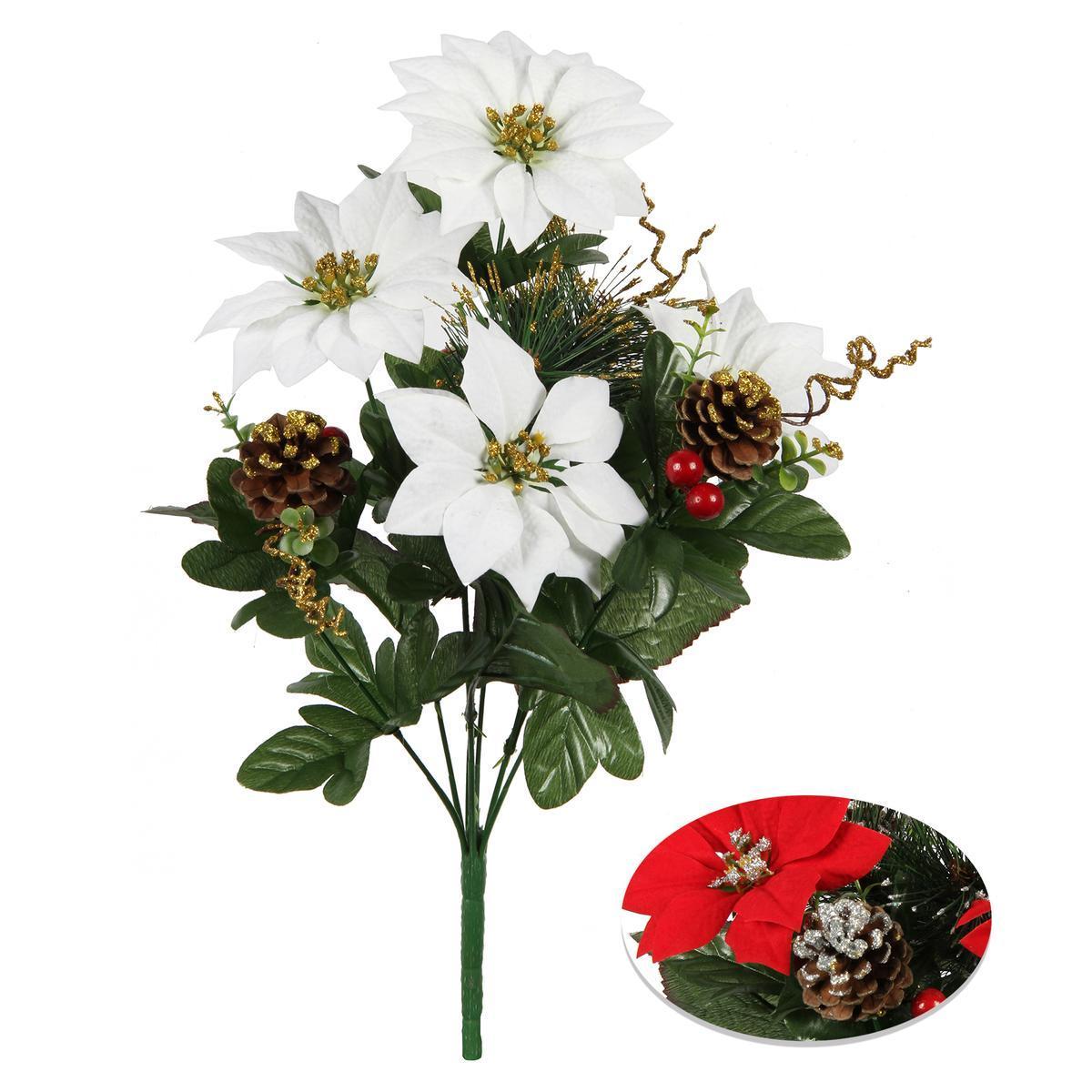 Bouquet de Poinsettias et Pommes de Pins pailletées - H 50 cm