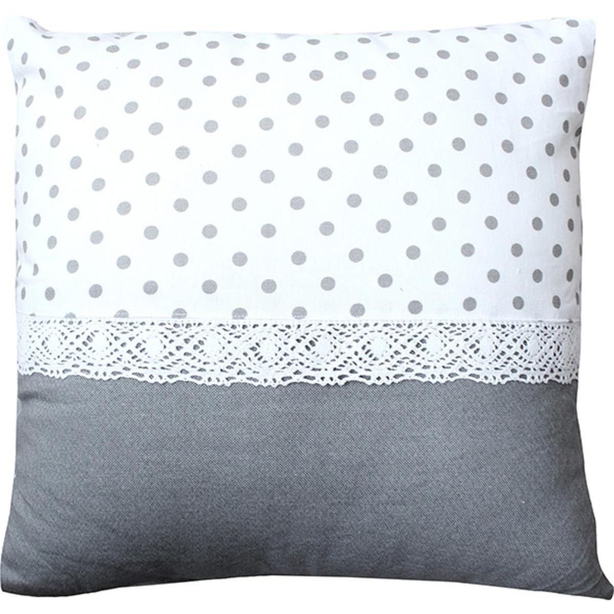 Coussin pois et dentelle - 40 x 40 cm - Gris