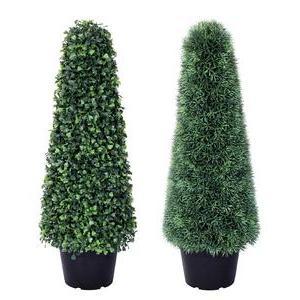 Topiaire cone buis et Herbe assorti en pot plastique noir - H 60 cm