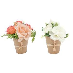 Roses & Renoncules en pot kraft - H 22 cm - Rose, Blanc