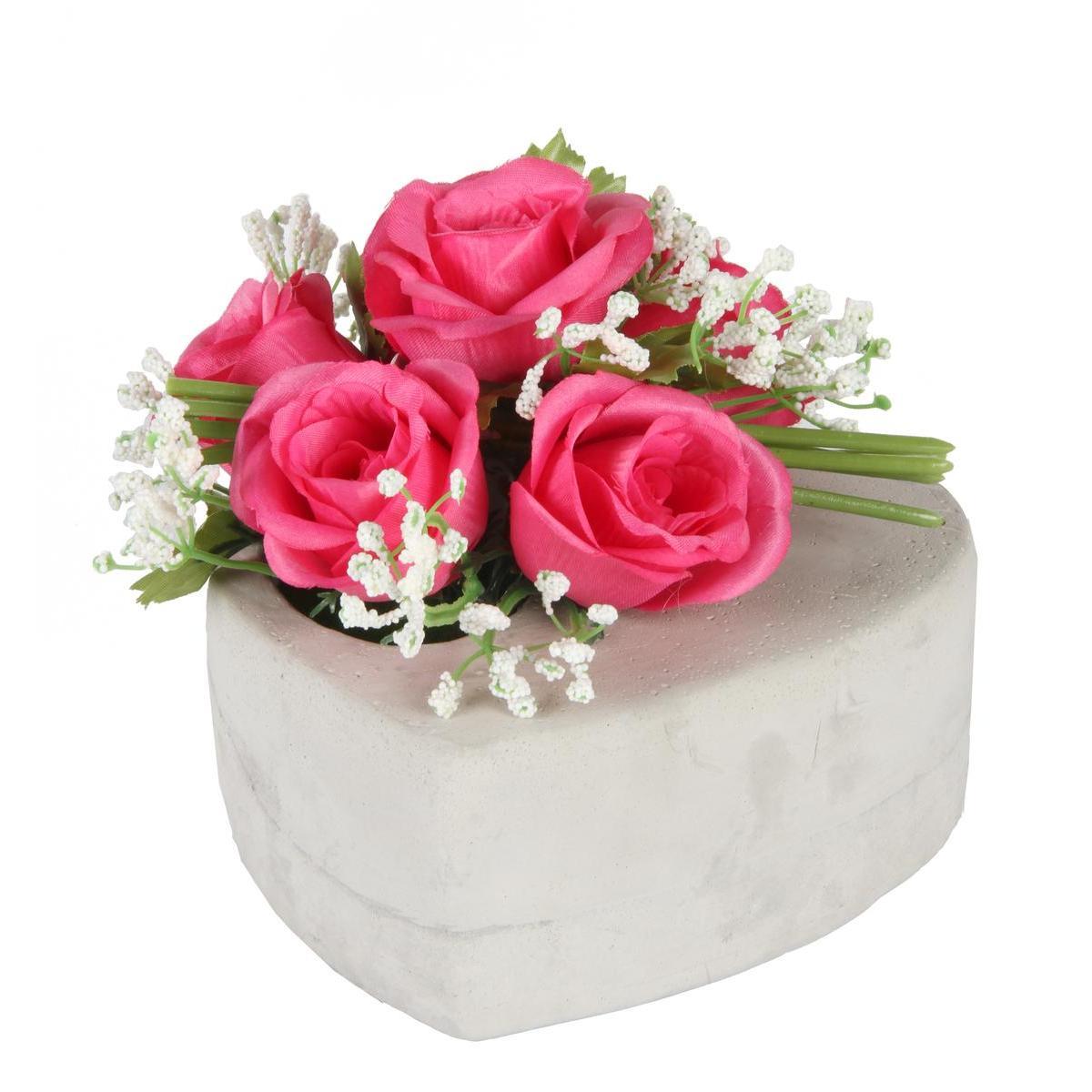 5 roses et gypso en coeur ciment - H 7 cm - Rose