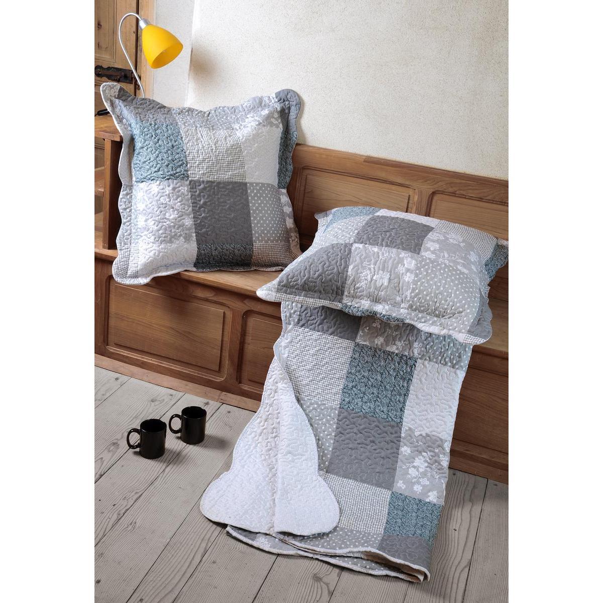 Boutis 220 x 240 cm + taies 63 x 63 cm - 100 % Polyester - Gris