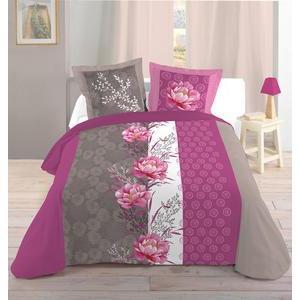 Parure de lit - Housse 220 x 240 cm + taies 63 x 63 cm - 100 % coton - Violet et gris