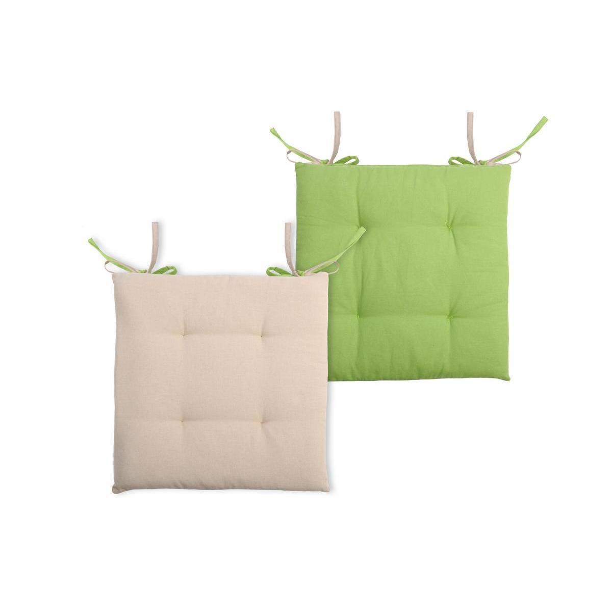 2 galettes de chaises 4 points - 100 % coton - 38 x 38 x 3,5 cm - Beige et vert