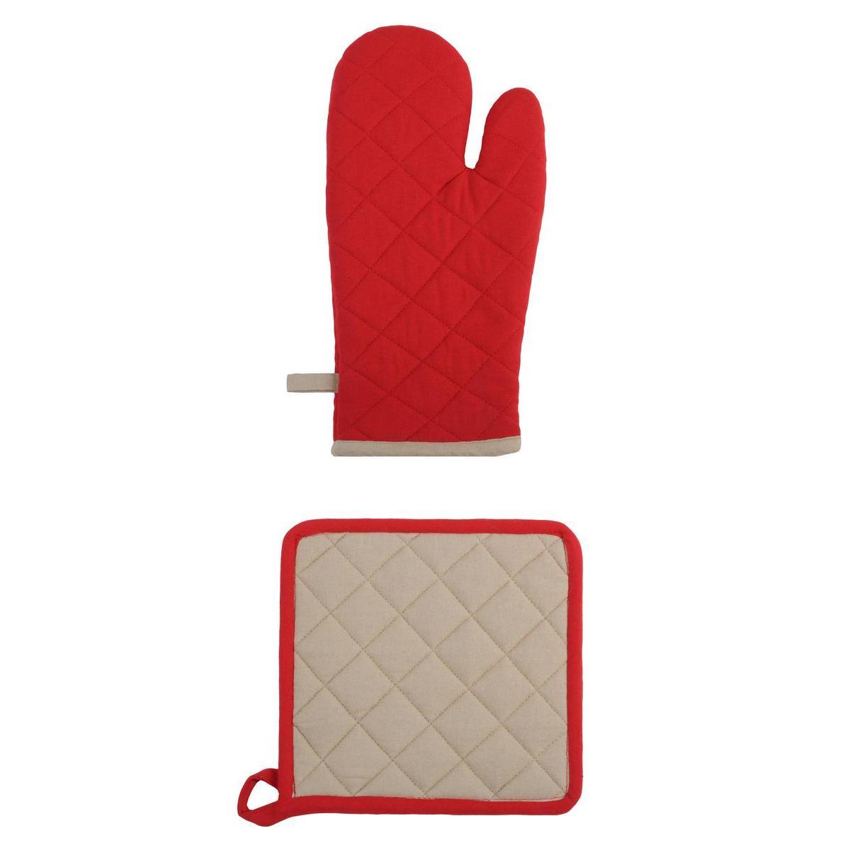 Set gant et manique - 100 % coton - 20 x 30 x 5 cm - Beige et rouge