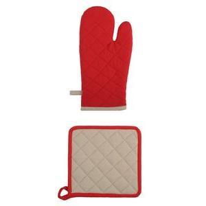 Set gant et manique - 100 % coton - 20 x 30 x 5 cm - Beige et rouge