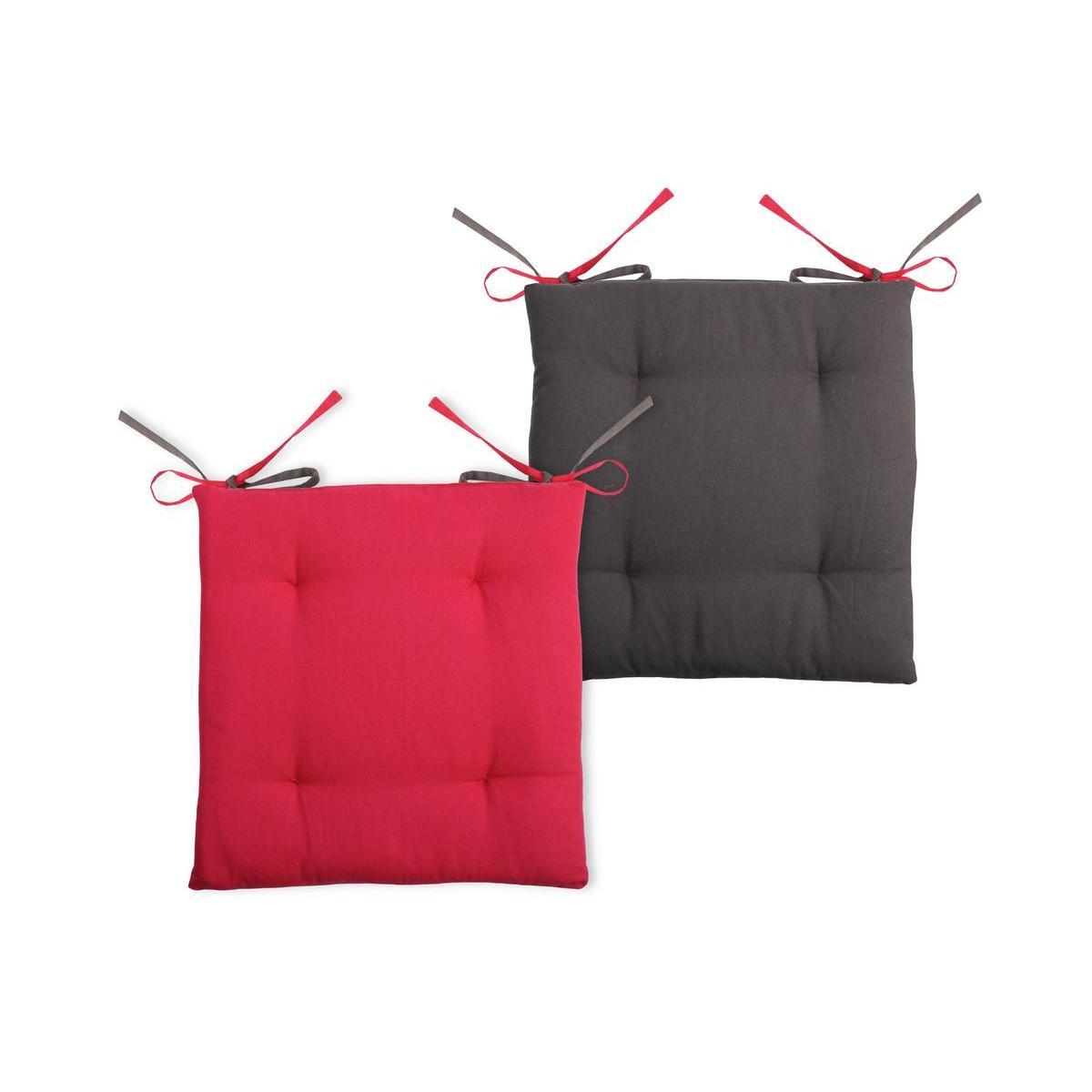 2 galettes de chaises 4 points - 100 % coton - 38 x 38 x 3,5 cm - Gris et rose
