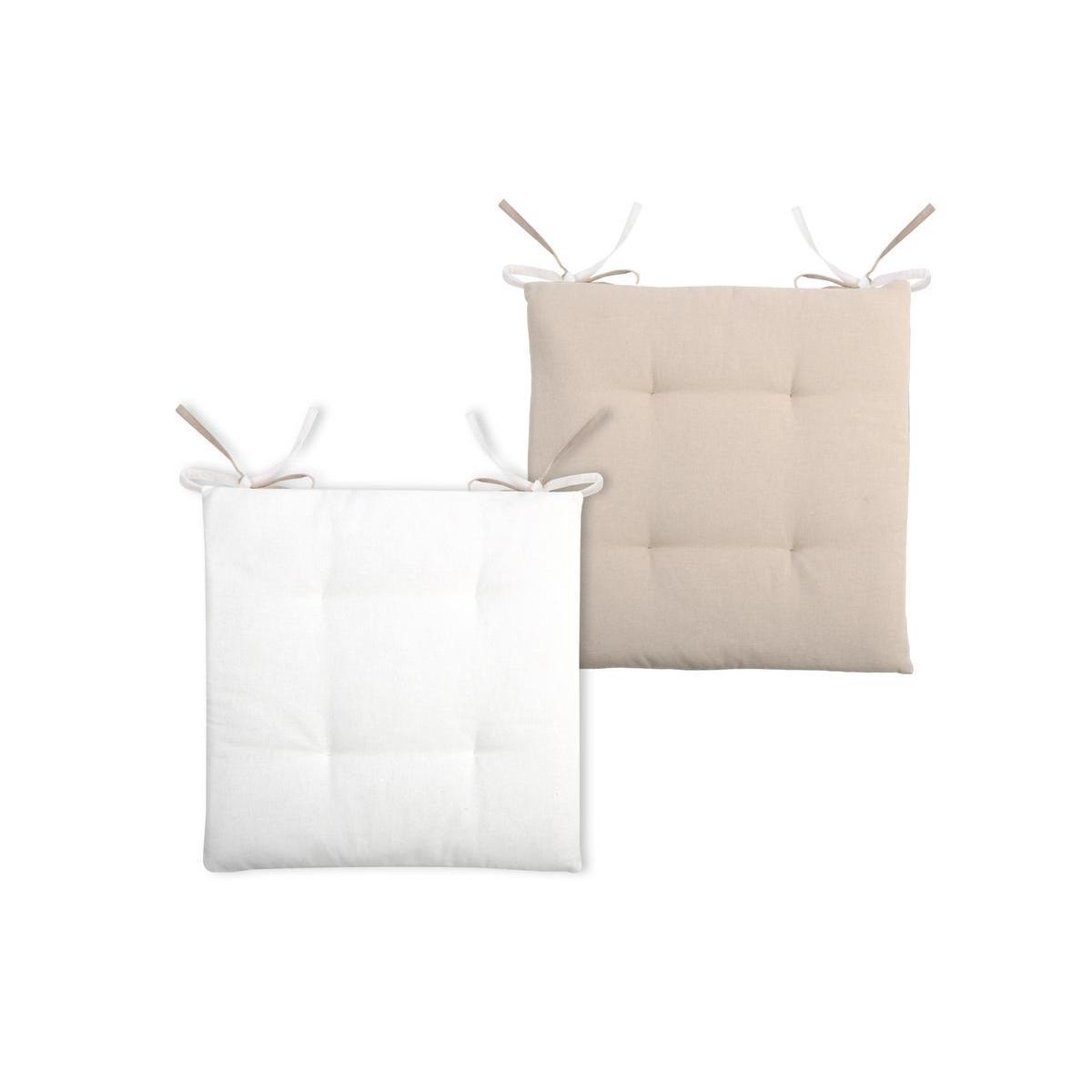 2 galettes de chaises 4 points - 100 % coton - 38 x 38 x 3,5 cm - Écru et blanc