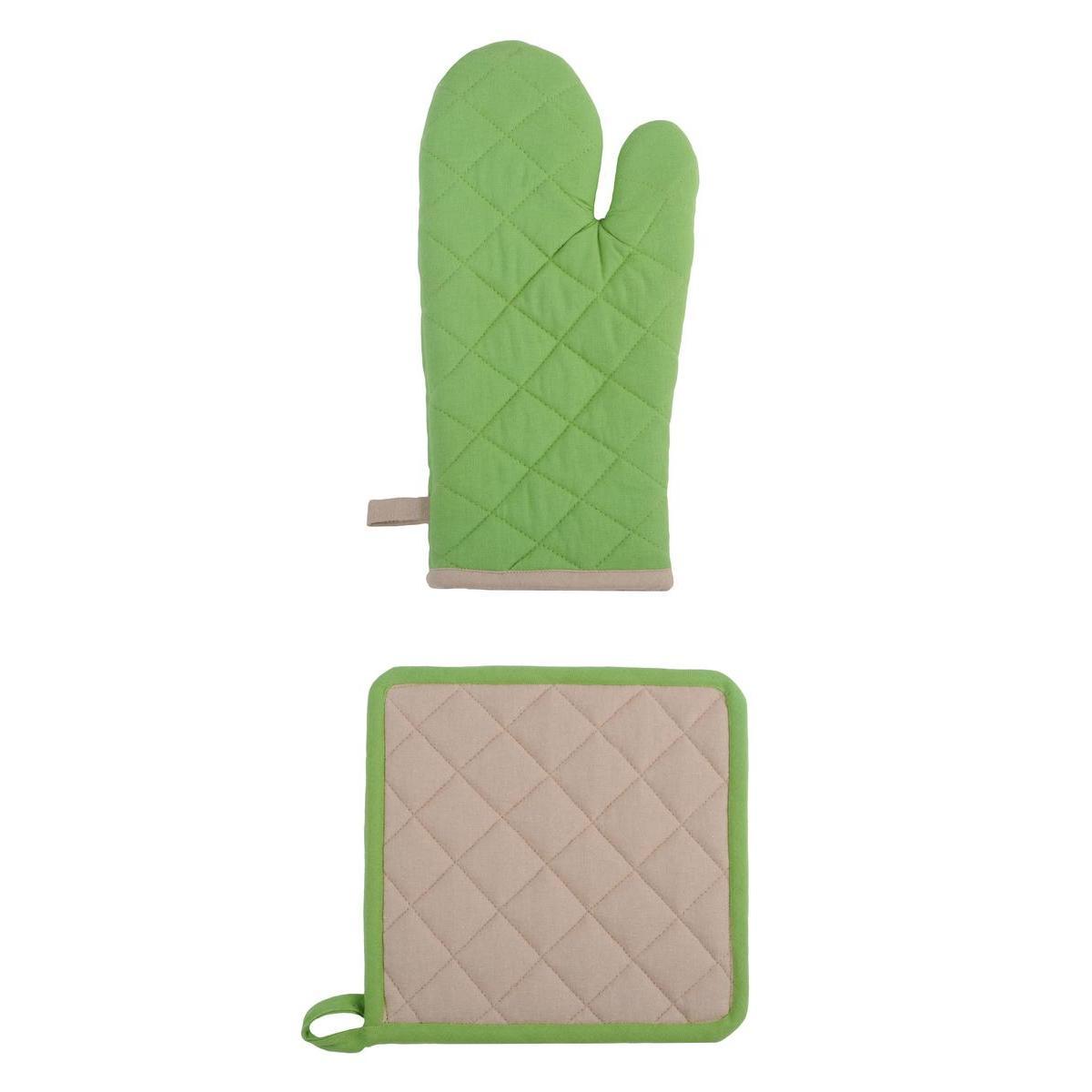 Set gant et manique - 100 % coton - 20 x 30 x 5 cm - Beige et vert