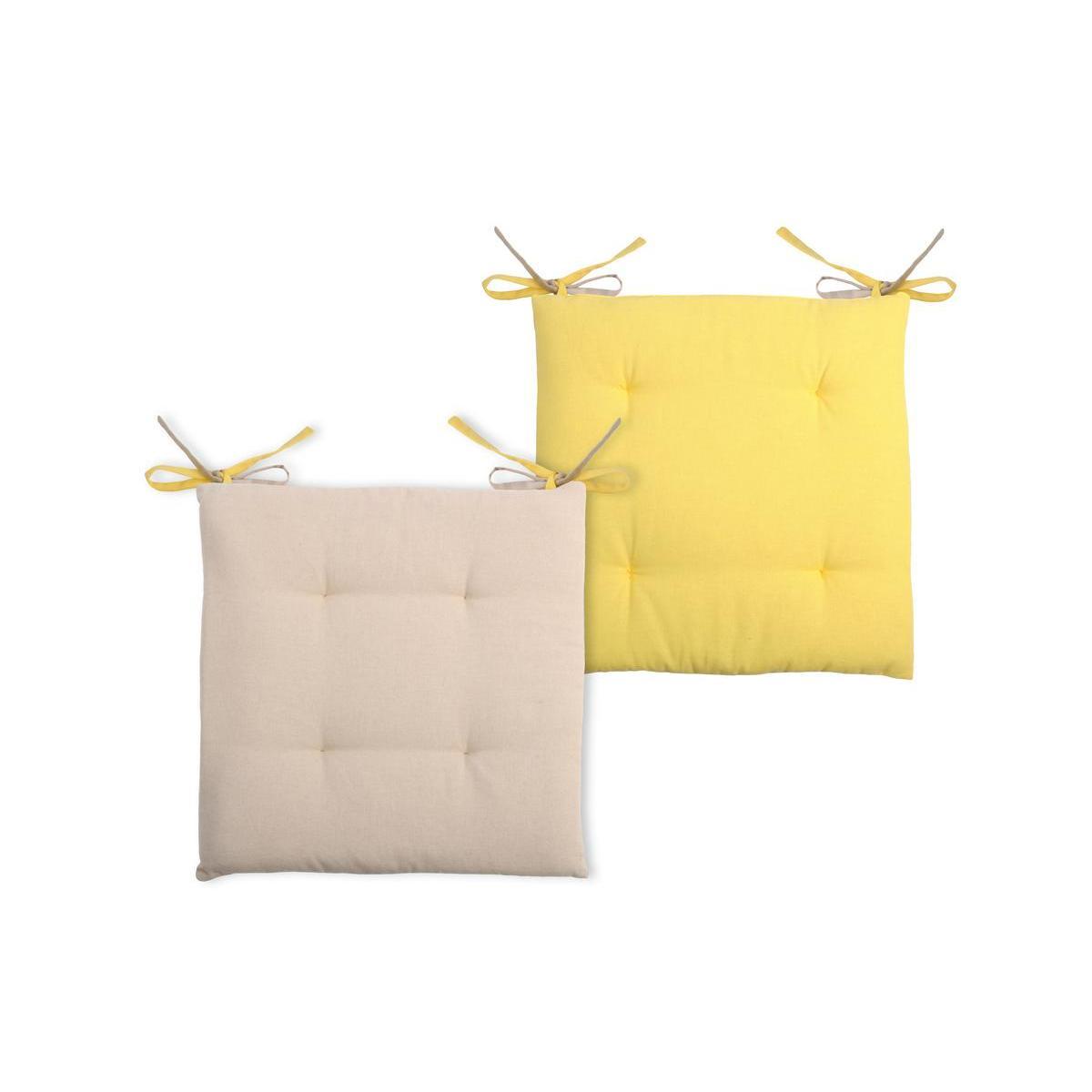 2 galettes de chaises 4 points - 100 % coton - 38 x 38 x 3,5 cm - Beige et jaune