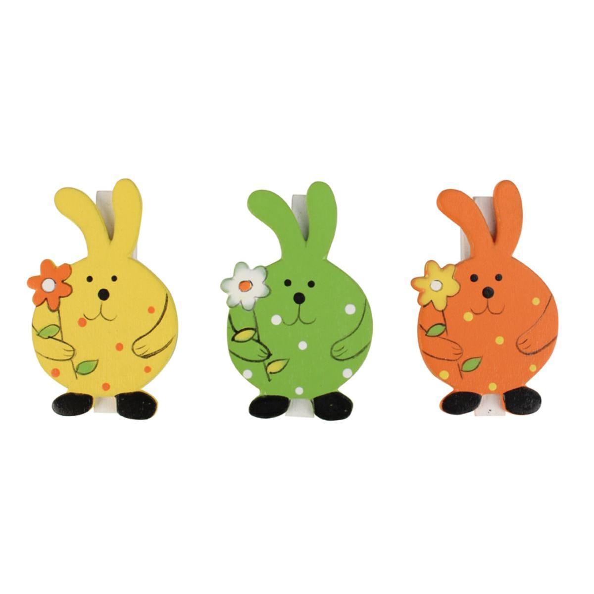6 pinces lapins - Bois - 4,5 cm - Vert, jaune et orange